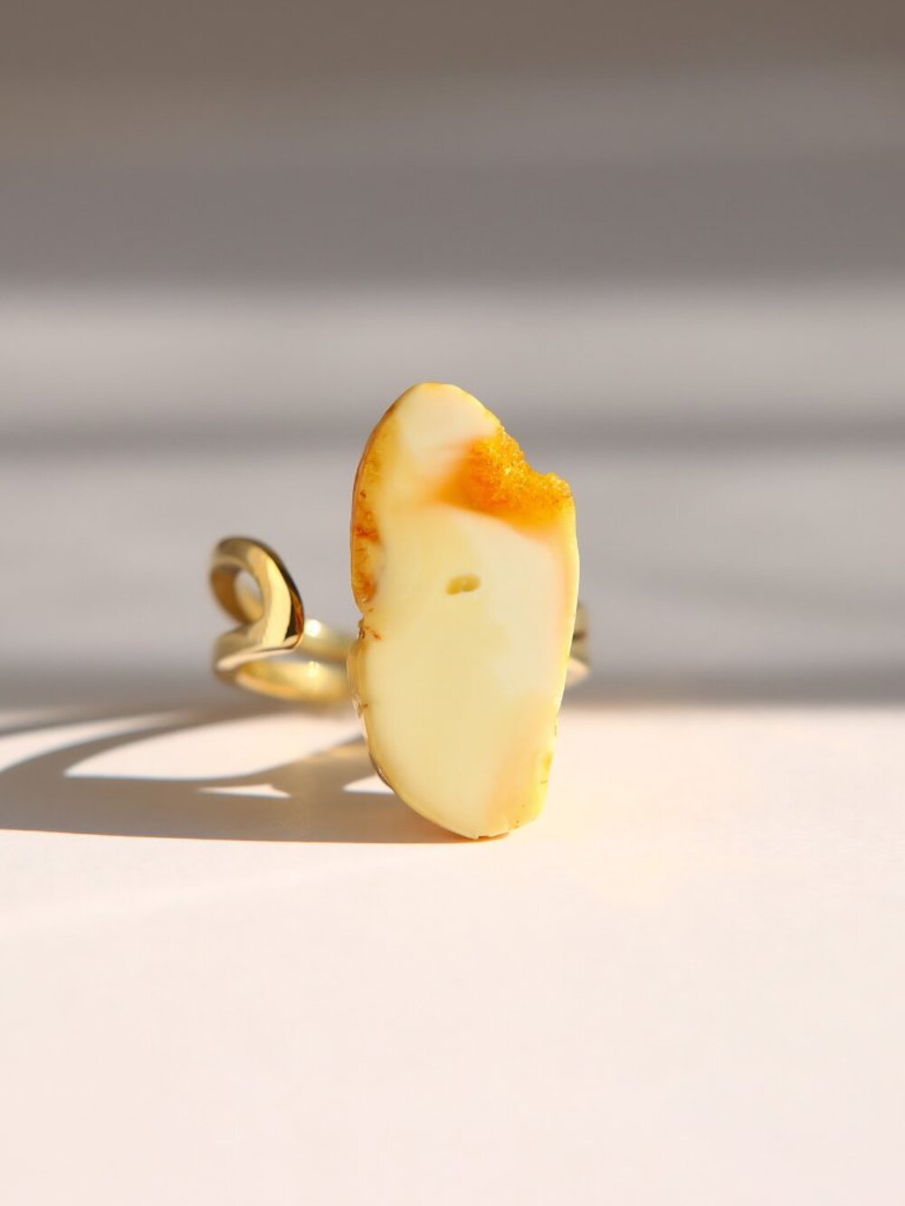 White Baltic Amber Ring in 14k Gold Plated Sterling Silver